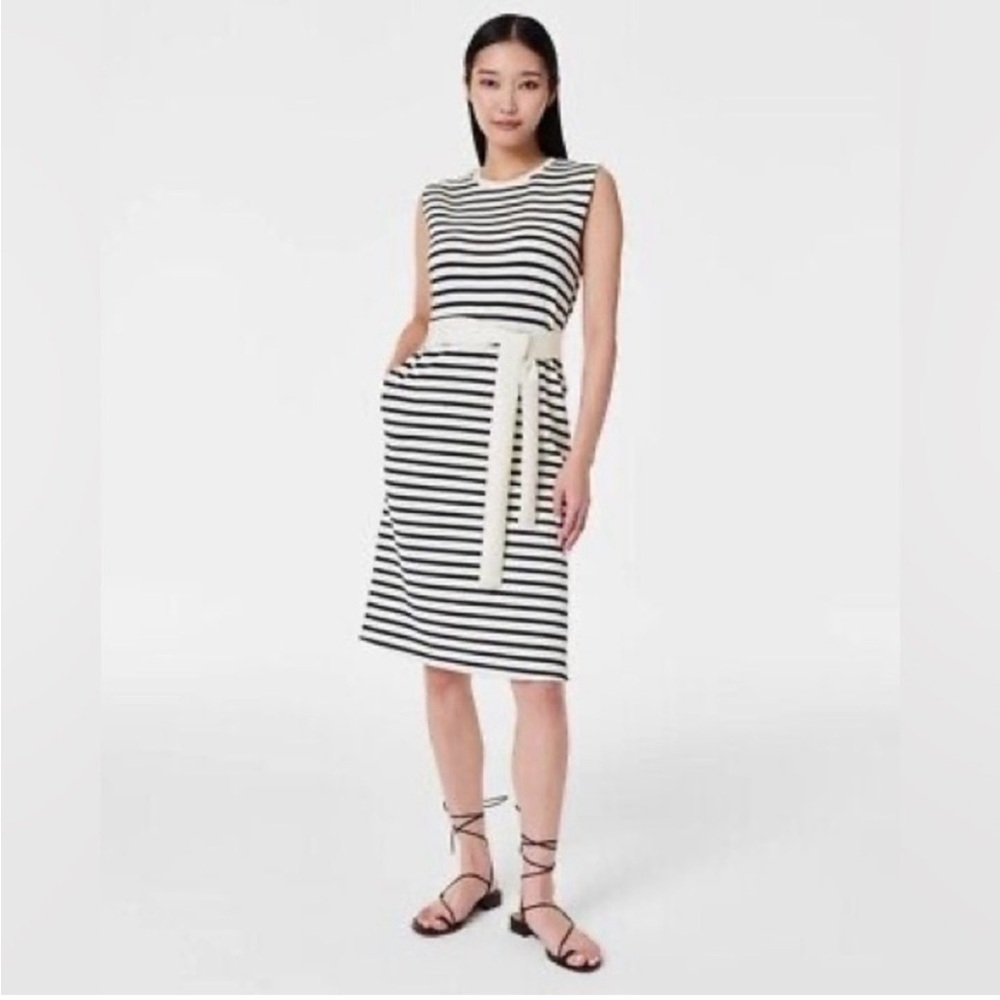 SPANX Black and White Striped Midi Dress
